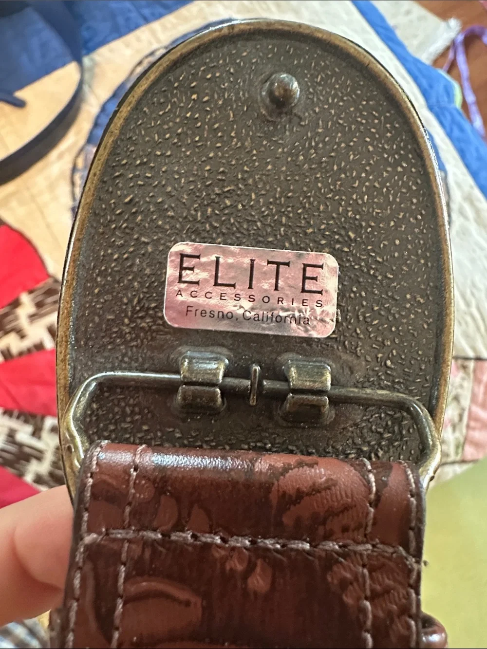 Vintage Elite Accessories Brown Embossed Leather Belt - Rhinestone Oval Buckle